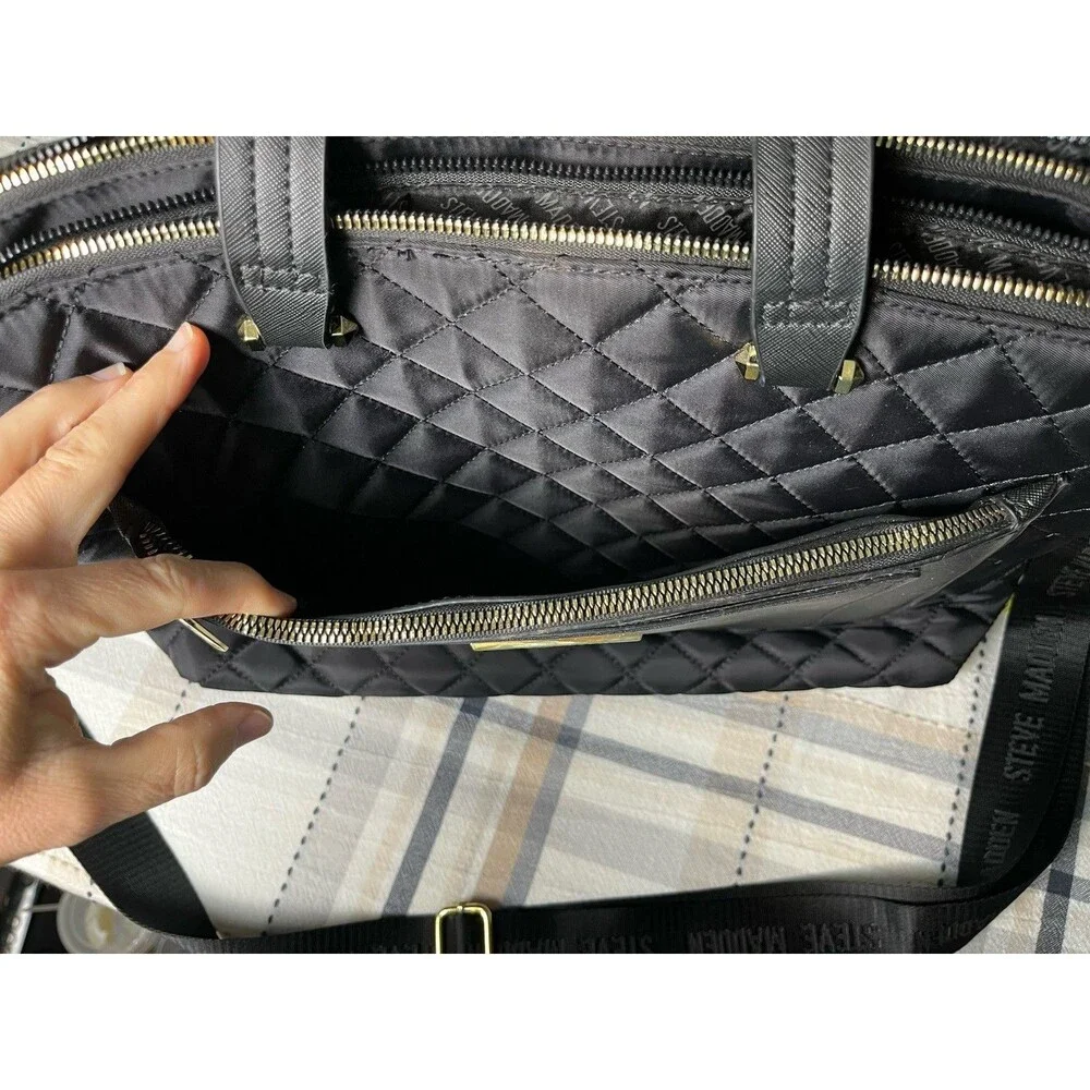 Steve Madden Laptop Book Bag Messenger Black Quilted Padded Logo Strap